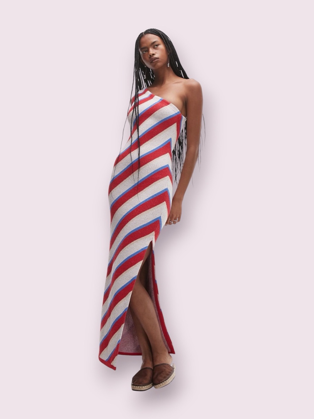 Topshop Stripe Knit One-Shoulder Maxi Dress in Red, White and Blue